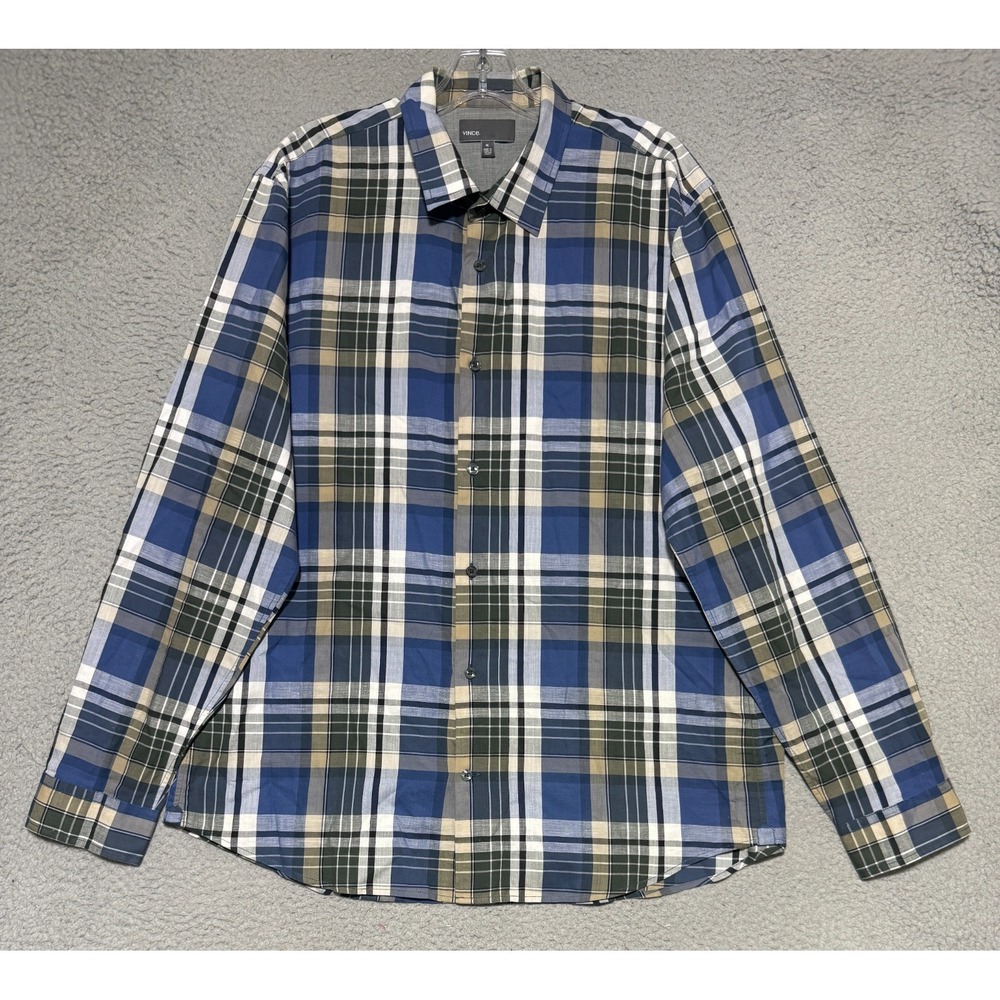 Vince Linen Blend Plaid long sleeve button up shirt Mens size XL Lightweight